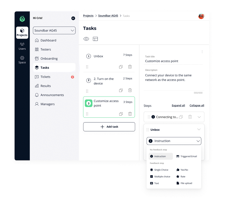 Stomio- User flow: Combine instructions and in-moment feedback using microinstructions framework to build highly engaging flows and surveys for your customers.