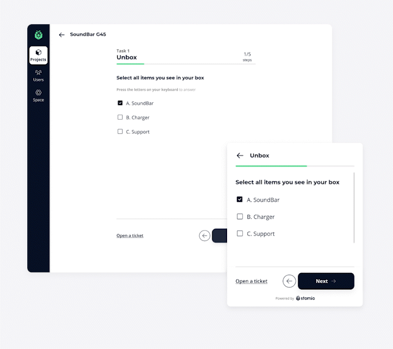 Stomio - task performance inapp or hosted